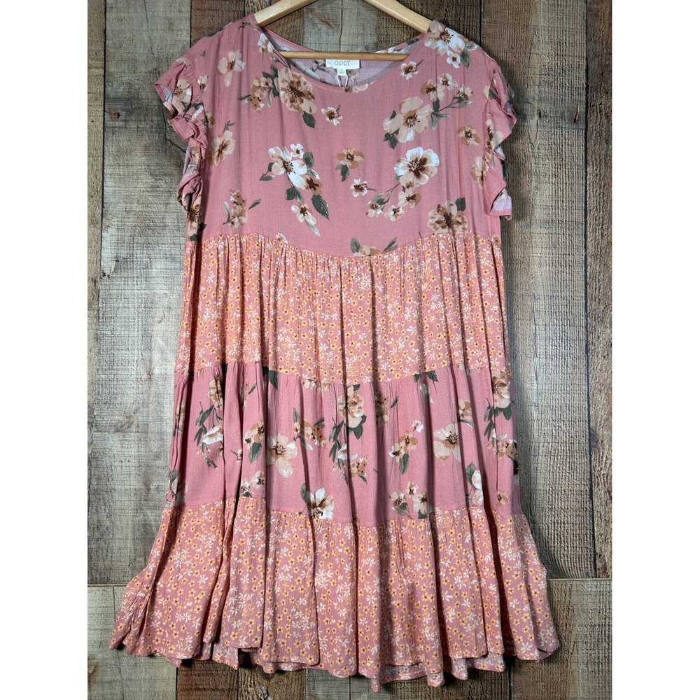 ODDI Pink Floral Rayon Tiered Babydoll Dress Ruffle Cap Sleeve Cottagecore M NWT